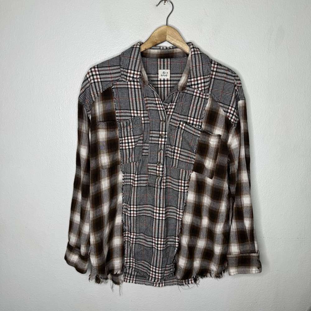 Blue Buttercup Brown Plaid Flannel Boho Raw Hem Cabincore Women's‎ Large